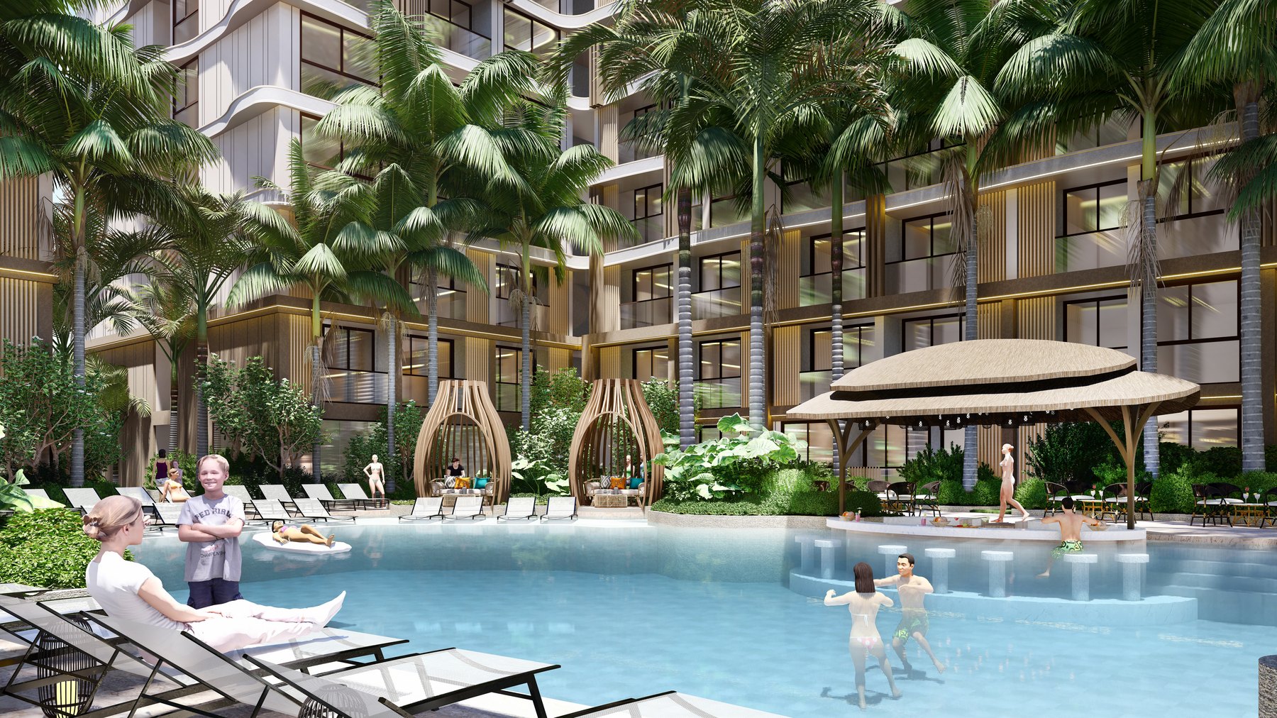 Cour végétalisée et piscine de VIP Tropika